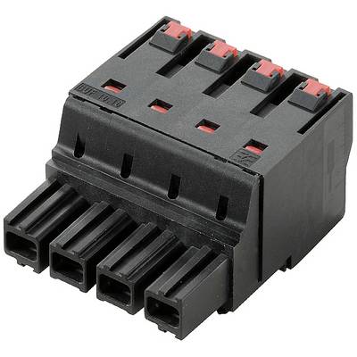 A black, rectangular electrical connector with five slots and red push buttons.
