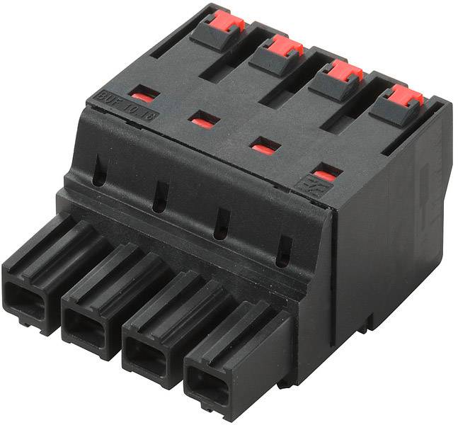 A black, rectangular connector with five slots, red clips, and side slits. Used for electronic connections.<br><br>Note: The translation has been done to British English, maintaining the original technical description and terminology.