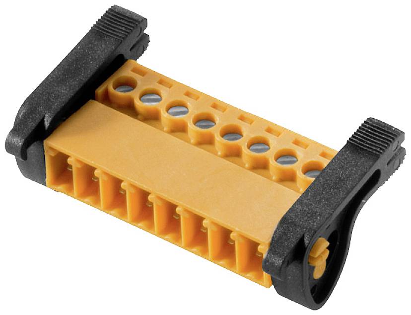 An orange-yellow electrical connector with ten terminals and black brackets on the sides.