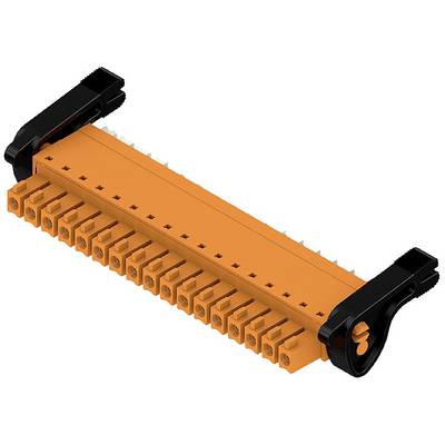 Orange electrical connector with a black locking mechanism, showing slots for multiple cable connections.