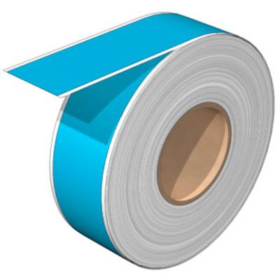 A large roll of blue self-adhesive material with a white paper backing, showing a section of the peeled blue adhesive.