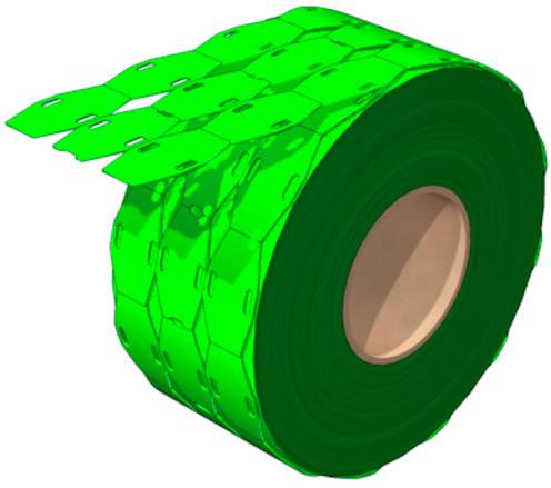 A green roll of plastic labels, loosely wrapped, with perforated connections; primarily for industrial use.
