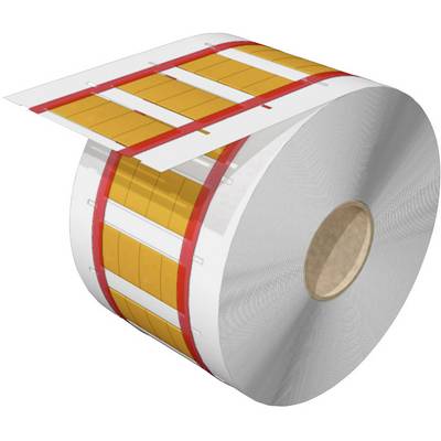 Large paper roll with printed yellow labels and red markings.