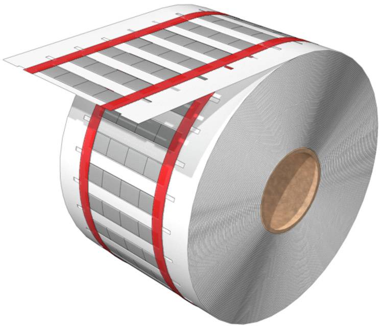 Roll of plastic sheets printed with red stripes at regular intervals. Illustrates packaging or production process.
