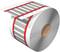 Roll of plastic sheets printed with red stripes at regular intervals. Illustrates packaging or production process.