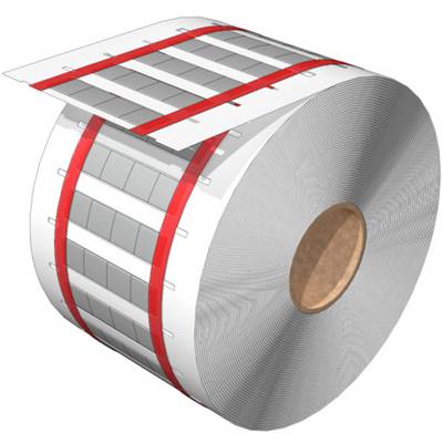 Large roll with white label sheets, stacked in multiple layers and secured with red bands.