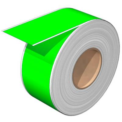 A large, bright green roll of sticky tape, partially unrolled, lies on its side.