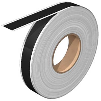 A roll of black adhesive tape is partially unrolled. It has a cardboard core and a glossy surface.