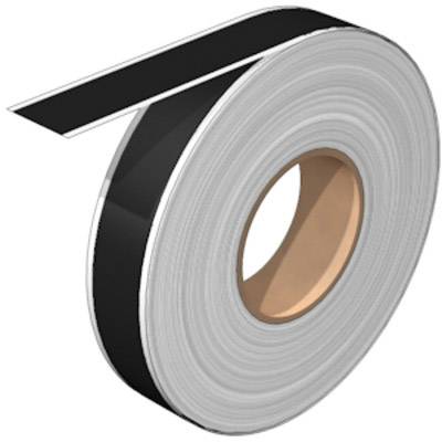 A roll of black adhesive tape with a white border, partially unrolled, on a white background.