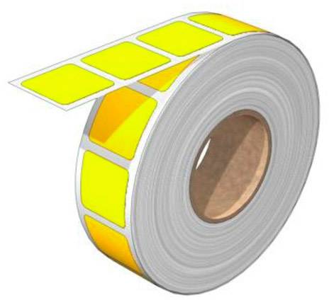 A roll of bright yellow rectangular labels that can be used for marking or labelling.