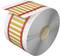 A roll of printed material displaying yellow and red lines along with white stripes in a recurring pattern.