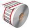 Large roll of paper labels with red markings and silver labels on a white background, ready for printing.