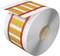Roll of self-adhesive labels, white with red edges and yellow background, for use in printing and labelling machines.