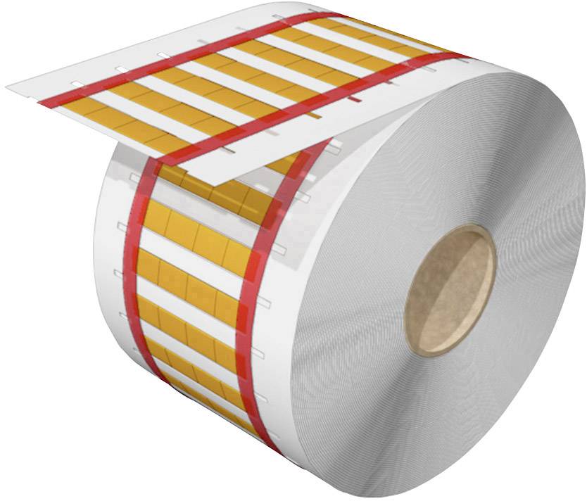Roll of white labels with orange and red stripes, featuring square, removable labels. Suitable for labelling applications.