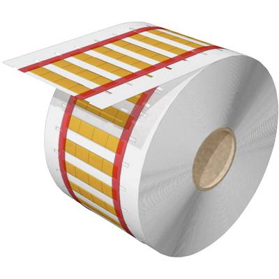 Roll of white labels with orange and red stripes, featuring square, removable labels. Suitable for labelling applications.