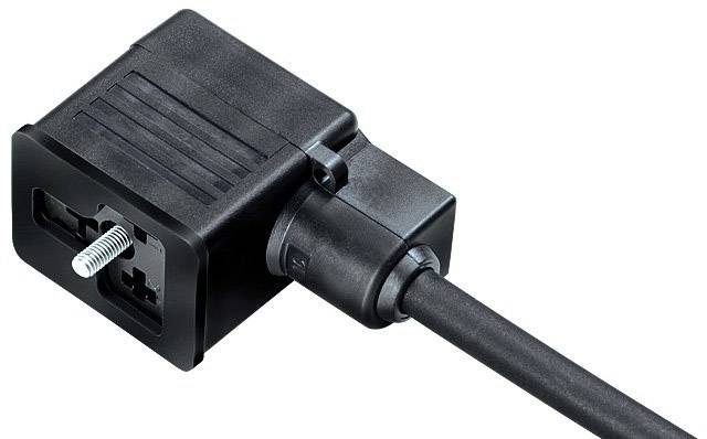 Black rectangular electric sensor plug with side screw mounting and cable connection on the right-hand side.