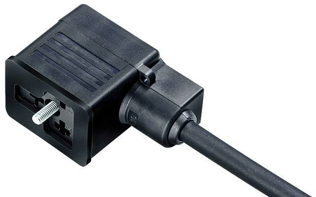 A black rectangular connector with cable, suitable for electrical connections. On the left, a metal pin for fastening.