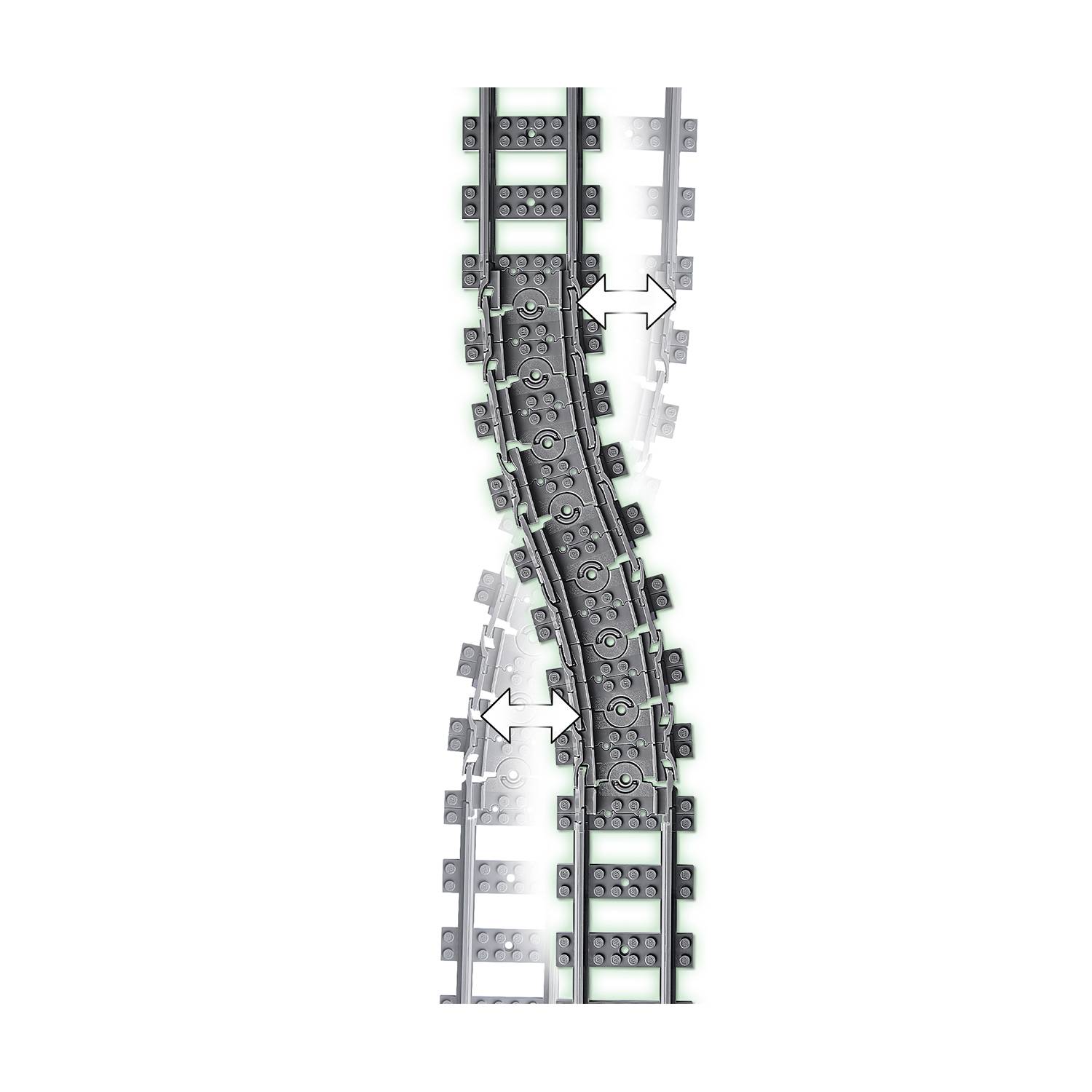 A curved section of track with two parallel rails is connected by green elements that emphasise its curved shape.