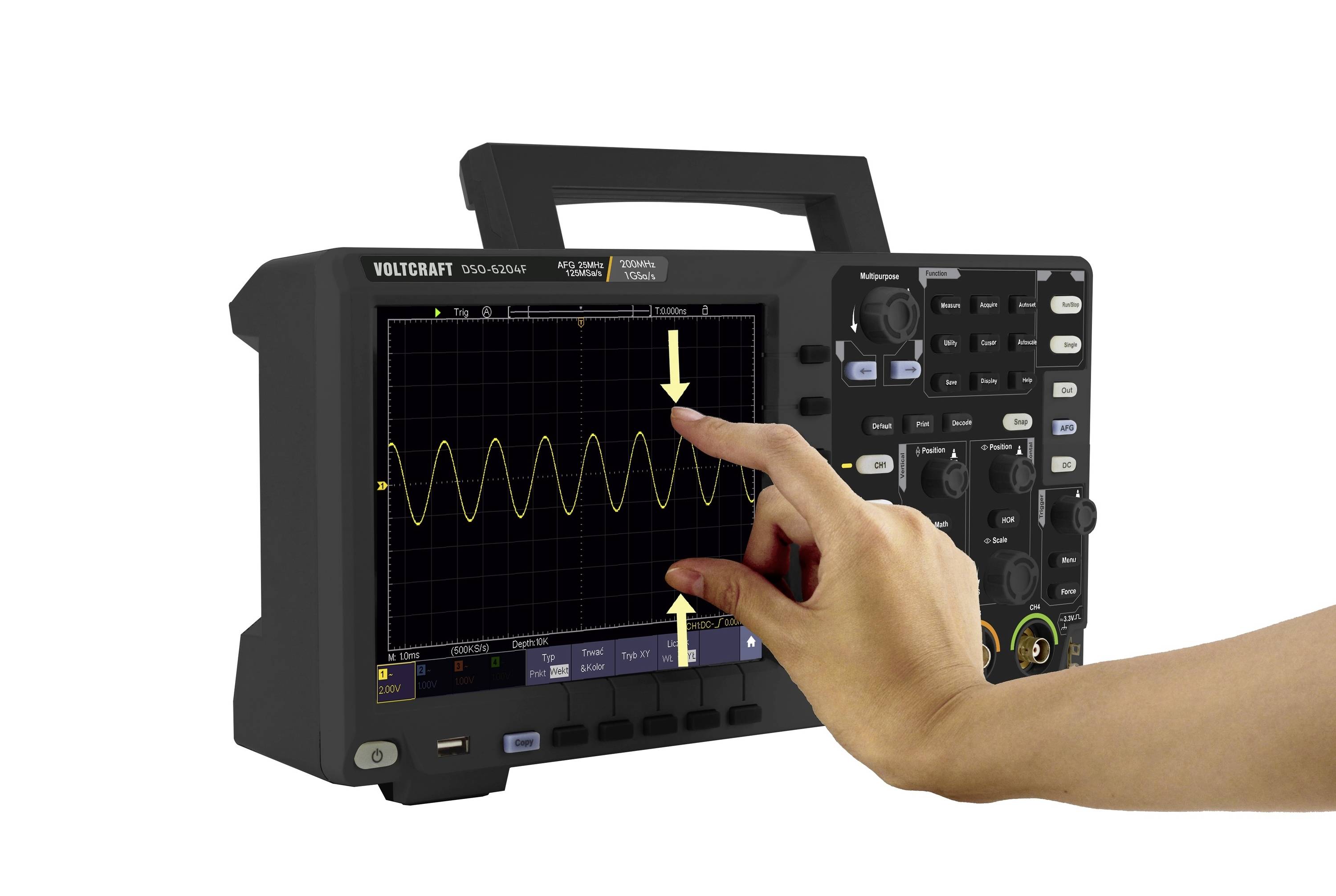 Oscilloscope with a black screen displaying a wave-shaped signal. Hand pointing at a wave. Device buttons and settings visible.