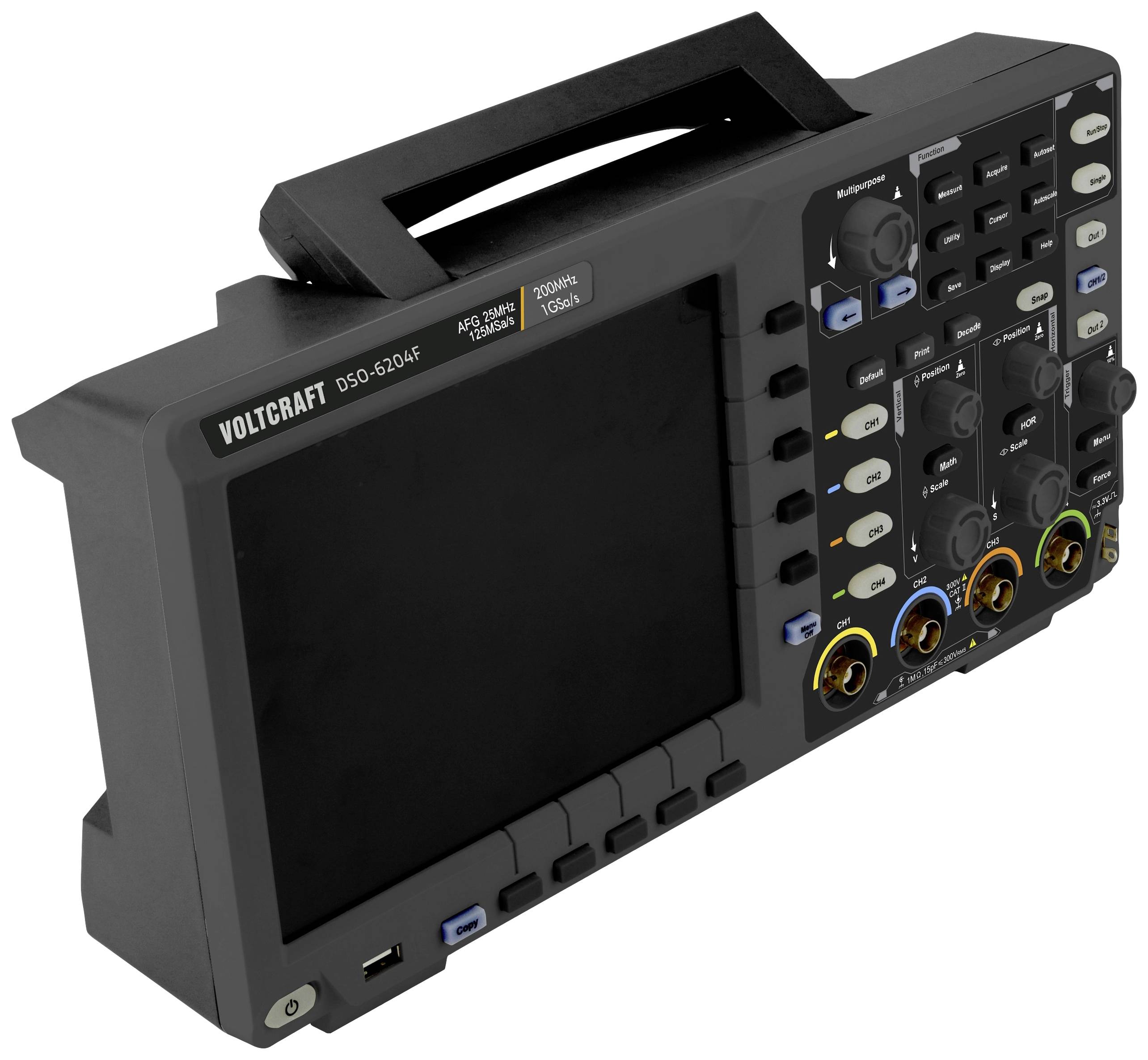 Portable oscilloscope with a large display, multiple rotary knobs, and ports. The brand name 'Voltcraft' is visible.