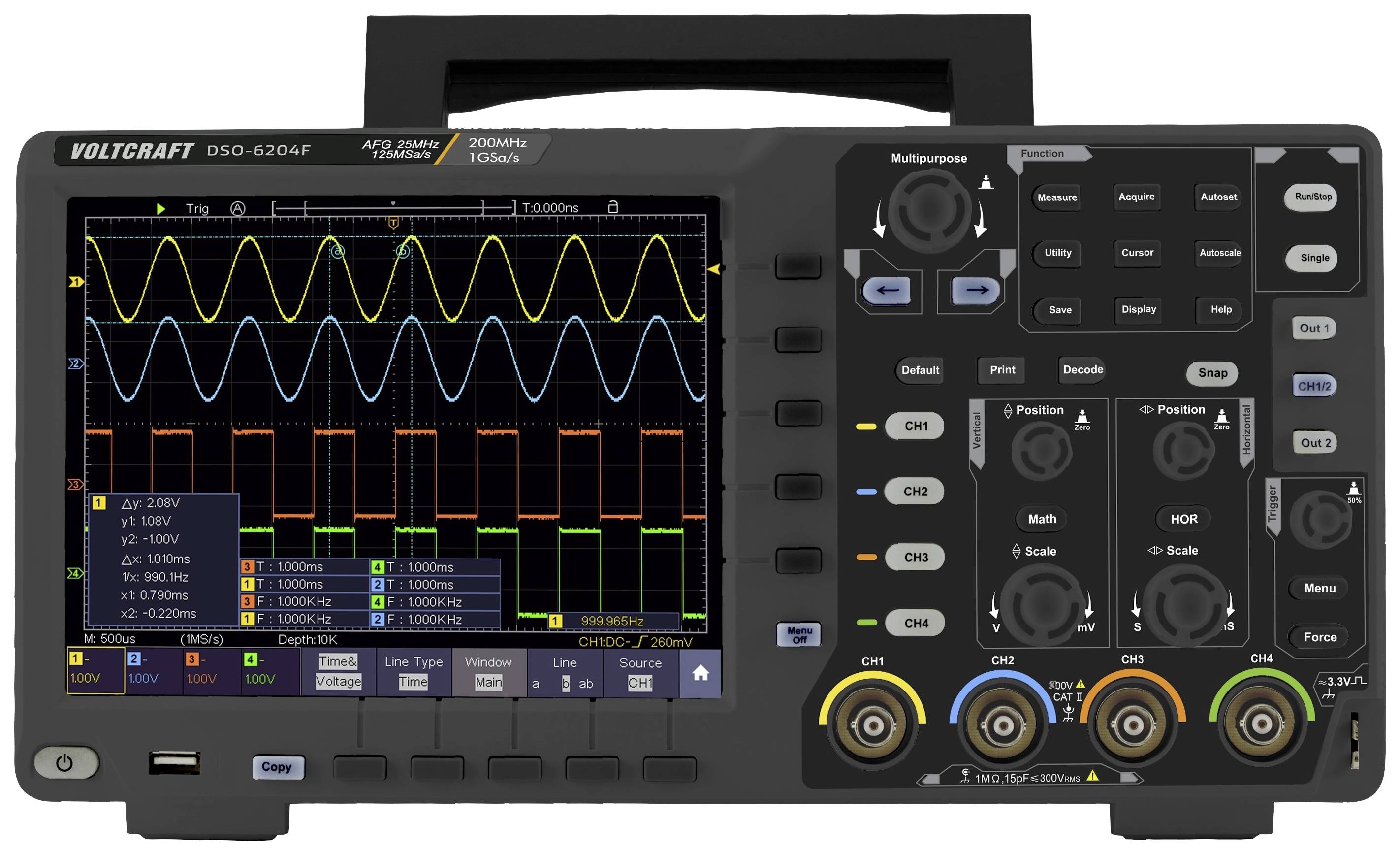 Oscilloscope with digital display showing multiple waveform signals. Various control buttons and connection ports visible.