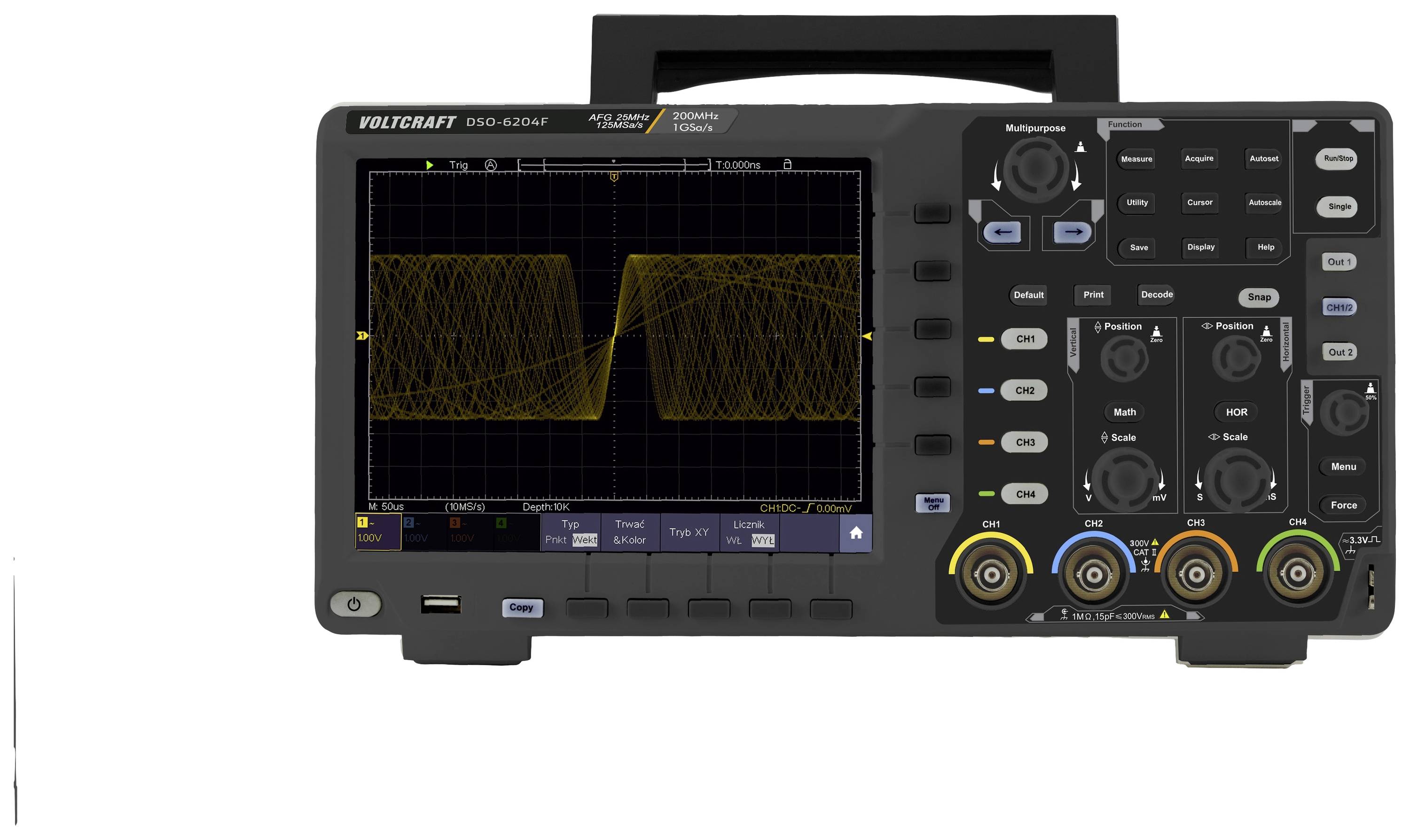 A digital oscilloscope with a waveform displayed on the screen. It has multiple buttons and ports for controlling and analysing signals.