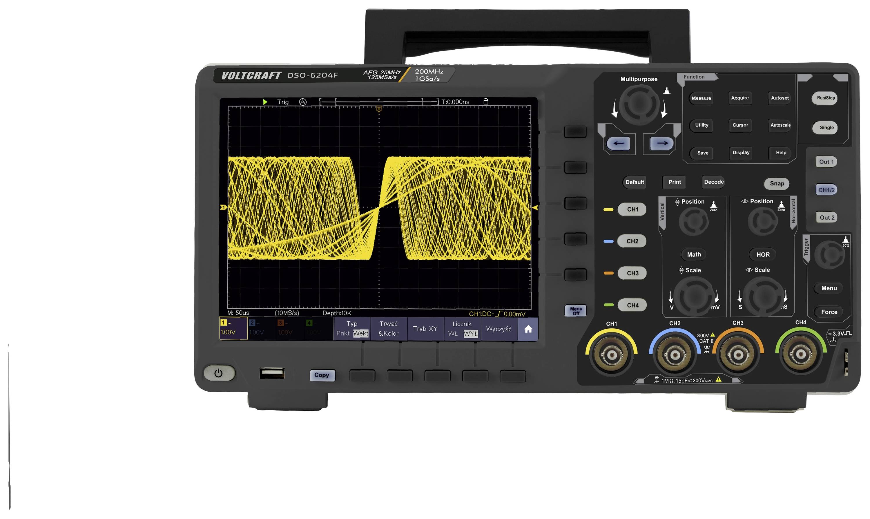 An oscilloscope displays two yellow, intersecting signal patterns. The control interface has various controls and buttons for settings.