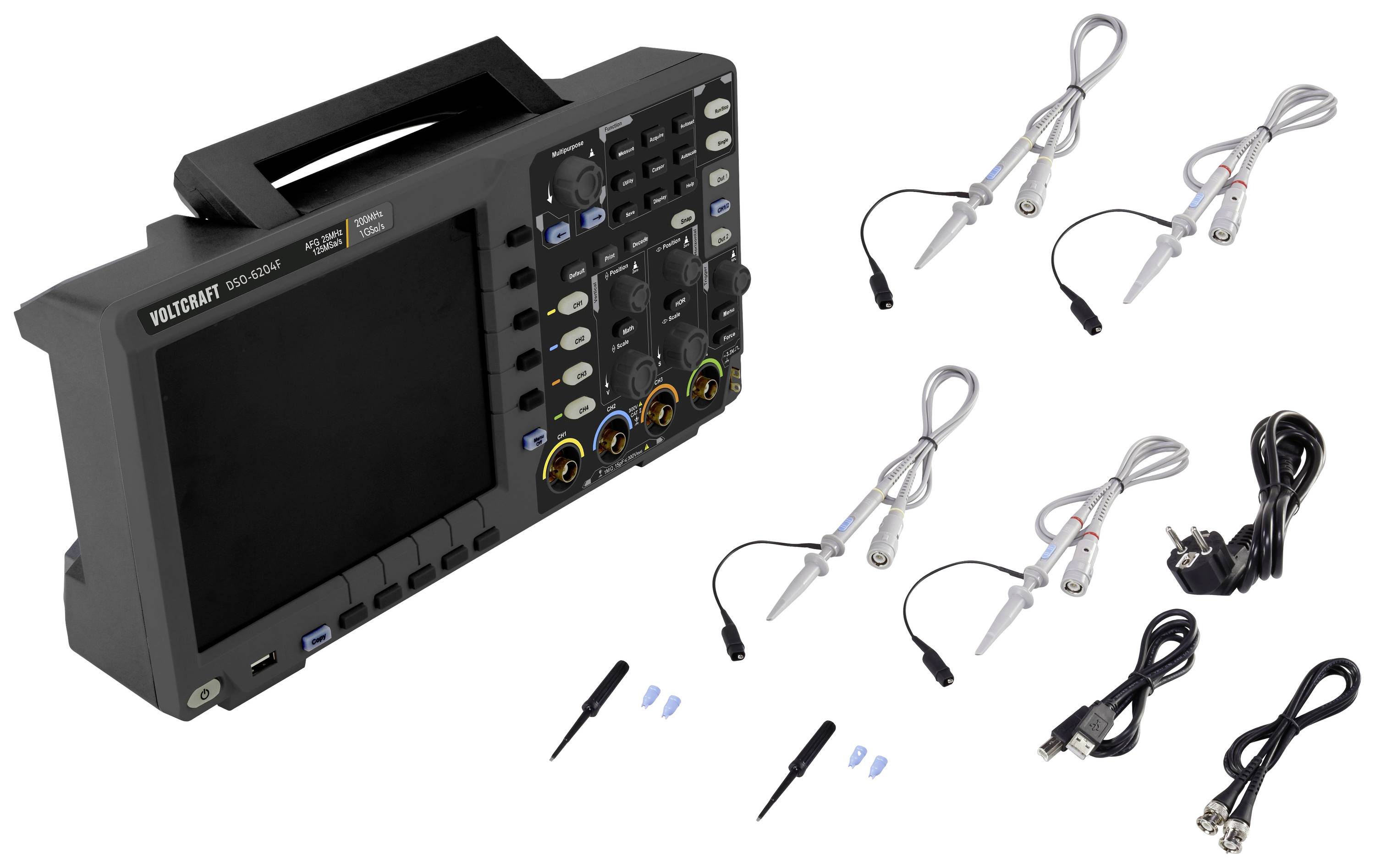 Portable digital oscilloscope with four detachable probes, various cables and accessory parts for measuring data analysis.