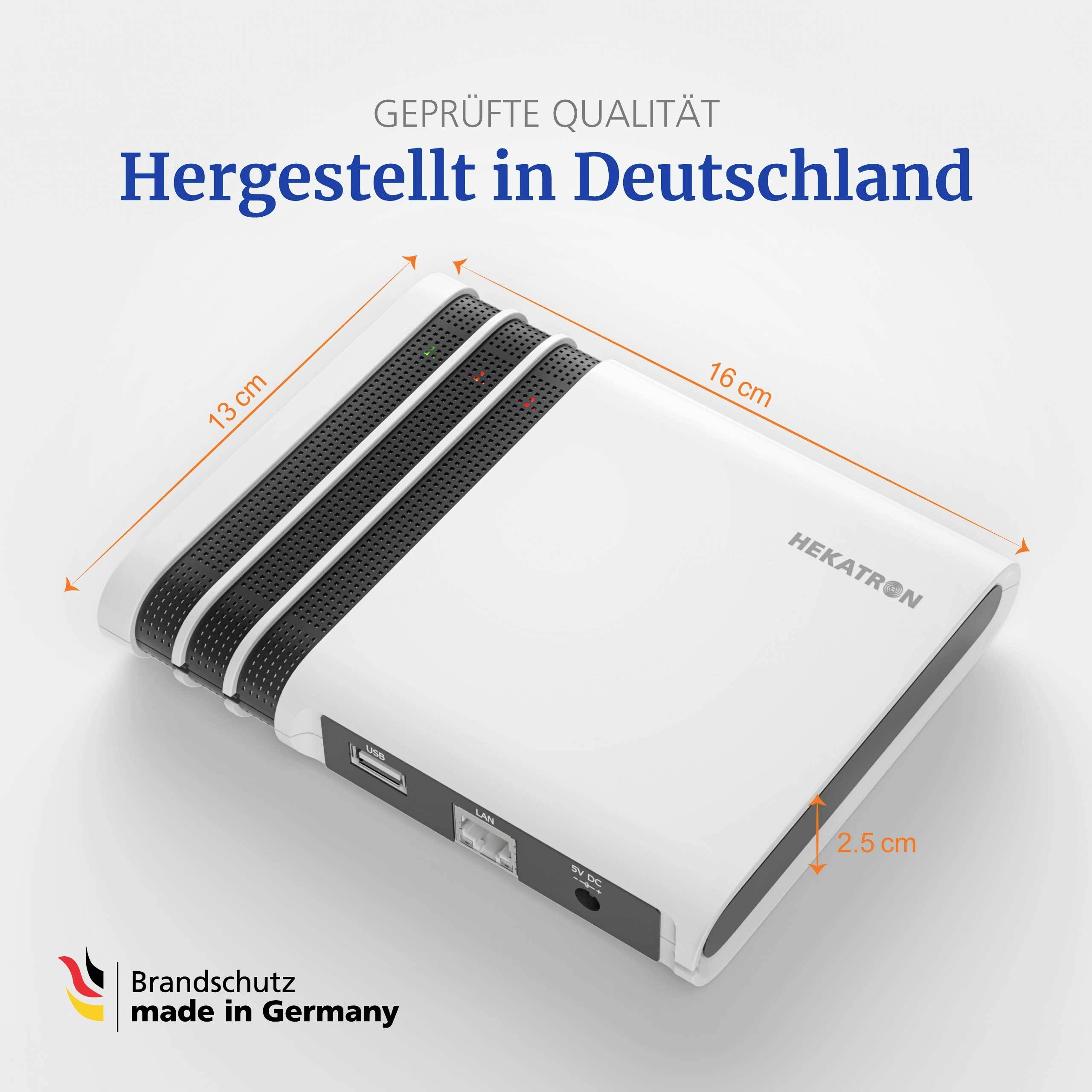 A white device with dimensions labeled: 16 cm (width), 13 cm (depth), 2.5 cm (height). Text reads 'Geprüfte Qualität, Hergestellt in Deutschland'.