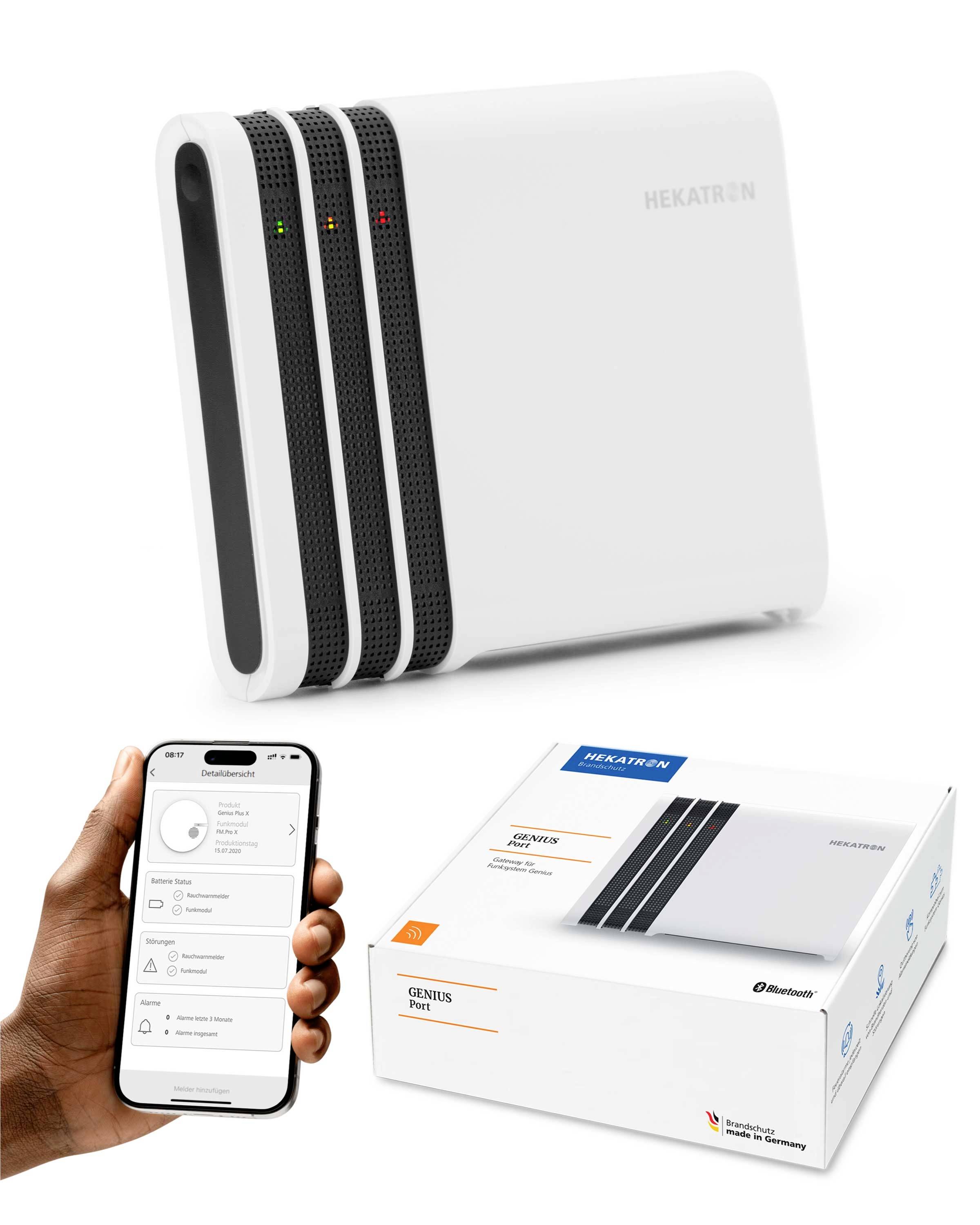 'A HEKATRON air monitoring device, shown with a smartphone displaying its app interface. Device packaging is also visible.'