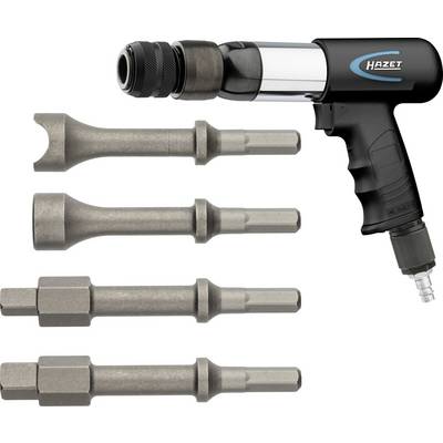 Pneumatic hammer screwdriver with four interchangeable bits of varying shapes. Brand name on the device.