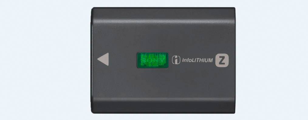 A black InfoLITHIUM Z battery with a green battery level indicator in the centre.