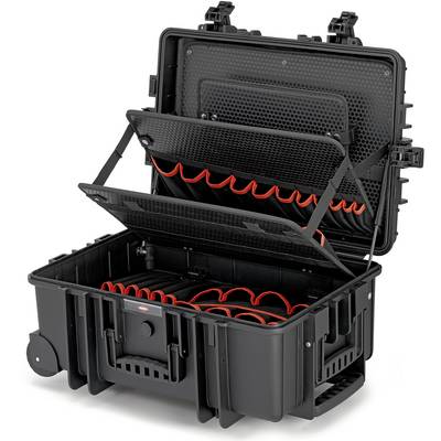 Black protective case with open lid and internal compartments. Specifically designed for transport and protection of delicate equipment.