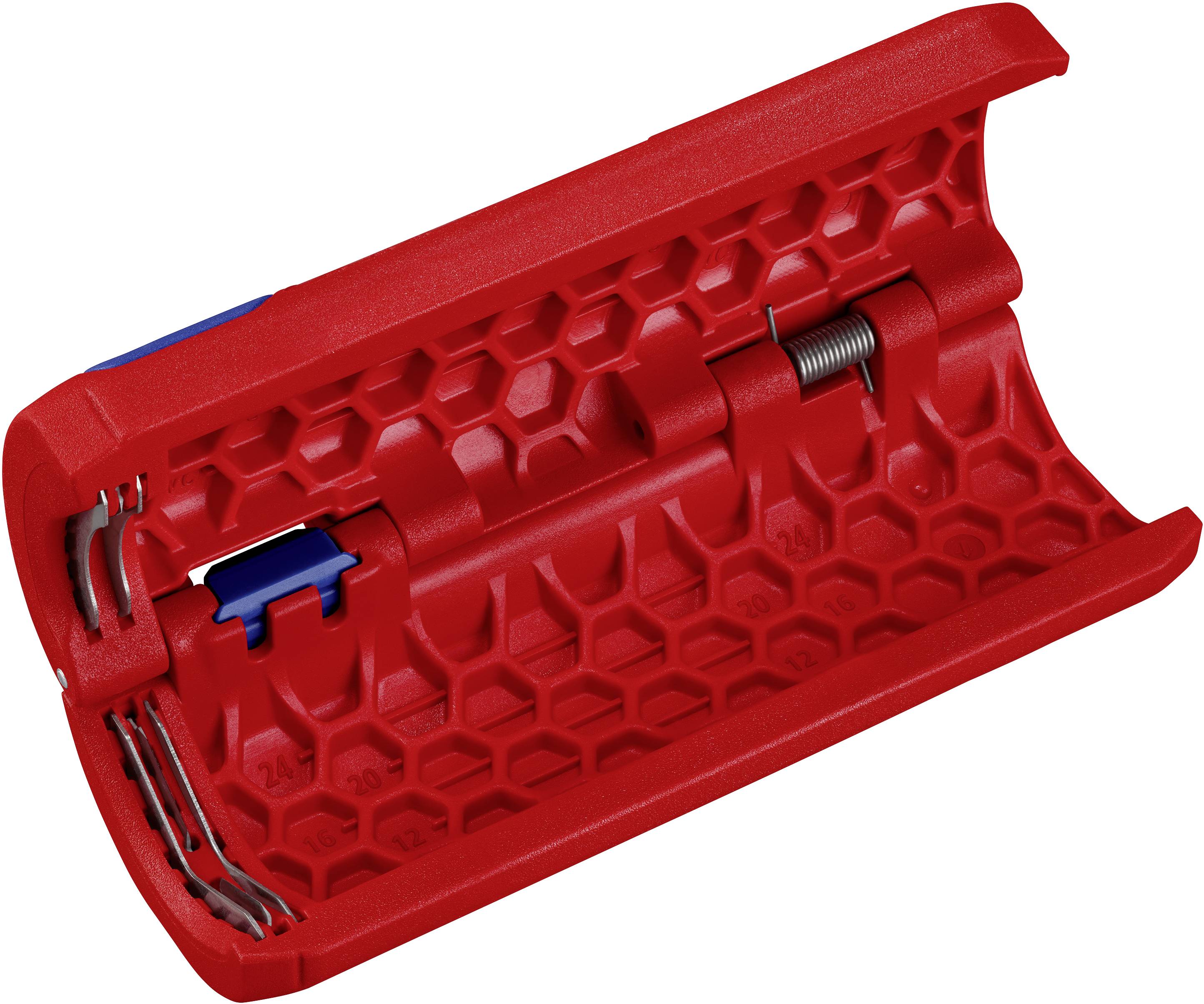 Red, open cable junction box with a honeycomb-like internal structure. Spring terminals and a spiral spring for cable fastening are visible.