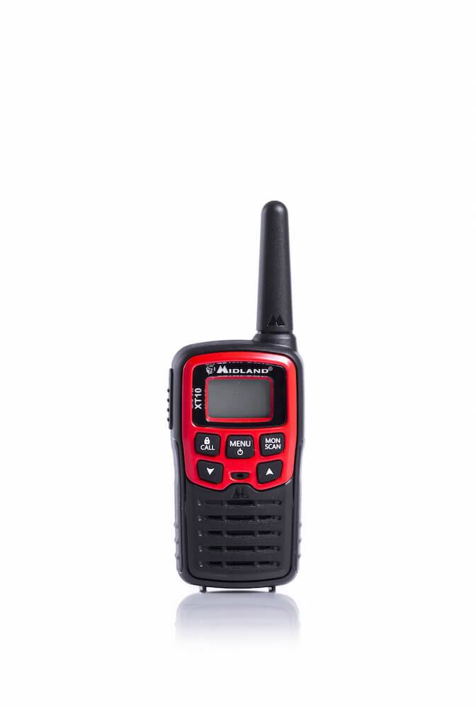 A red and black handheld radio with an antenna, display, and control buttons.