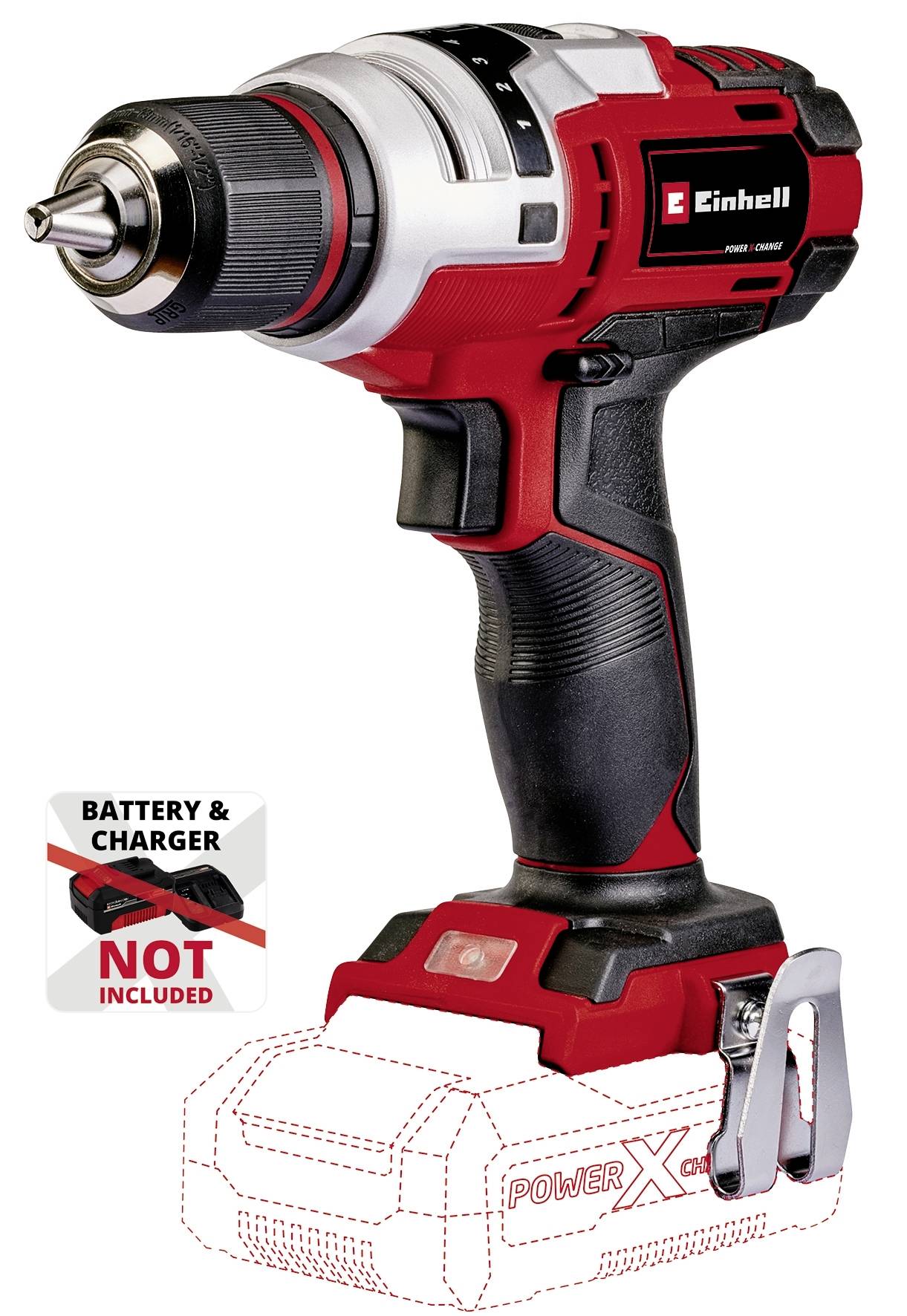A red cordless drill with a black handle, brand visible. Note underneath the device: Battery and charger not included.