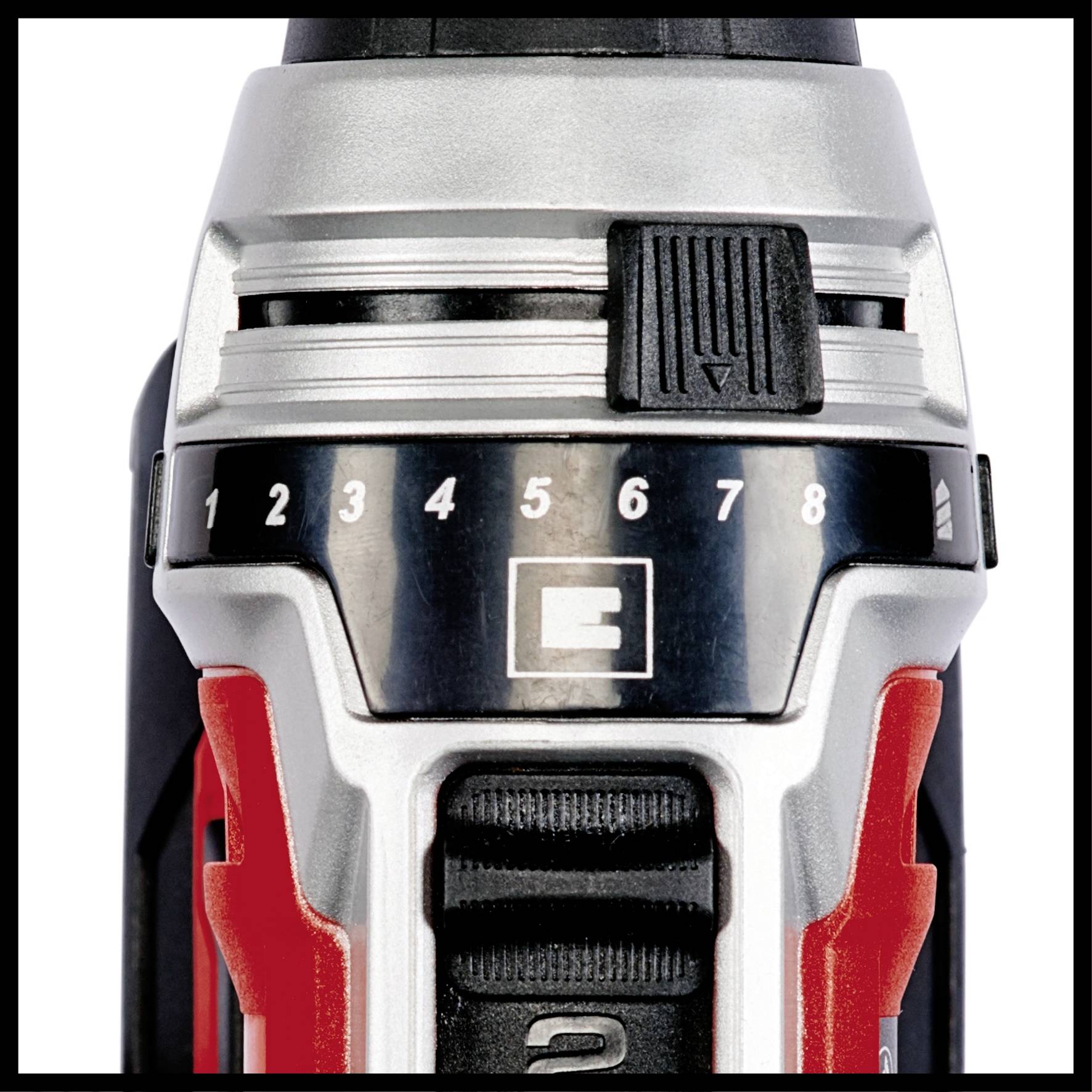 Close-up of a red and black drill bit with a torque adjustment ring, numbered from 1 to 8, showing precision settings.