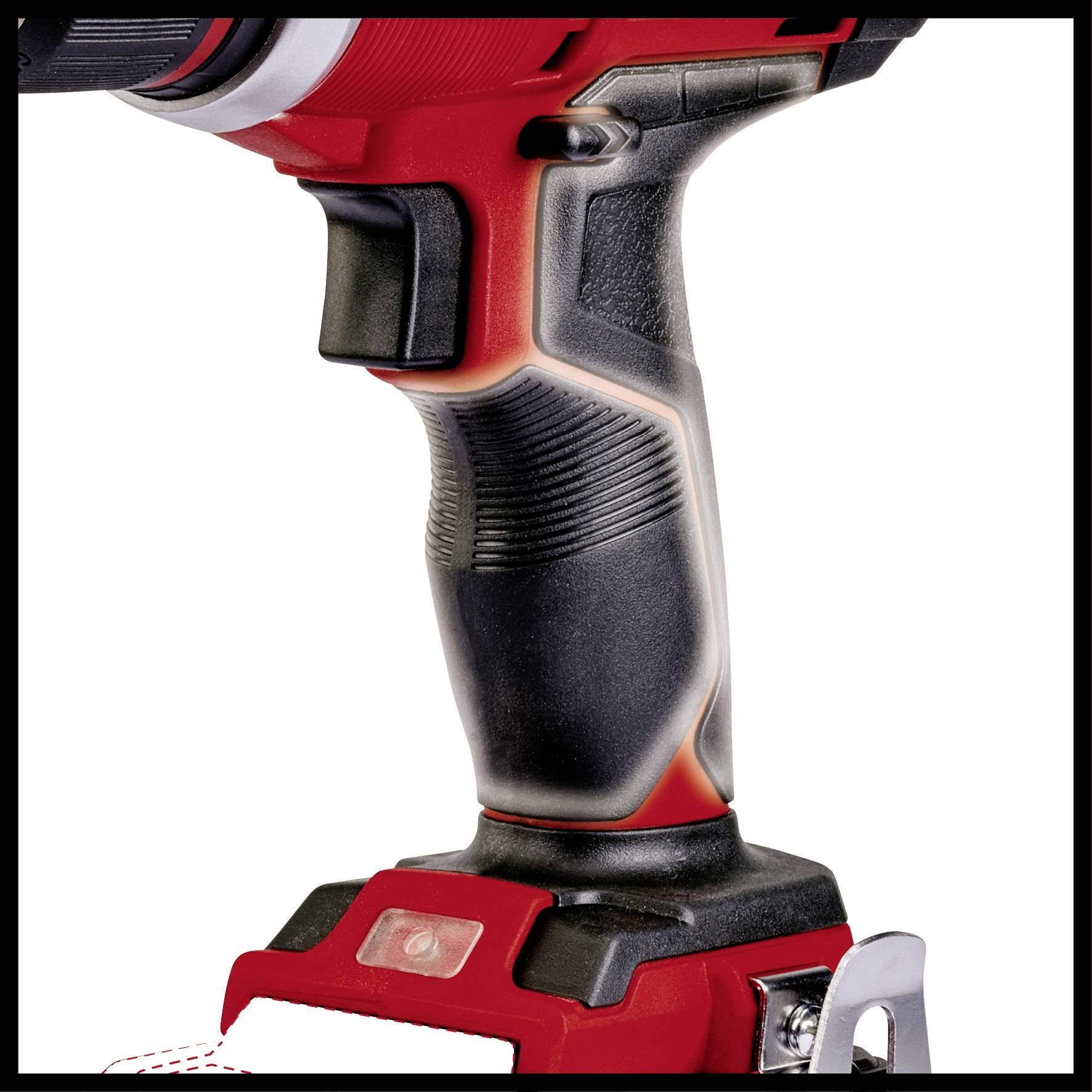 Cordless drill in close-up, with black and red grip design.