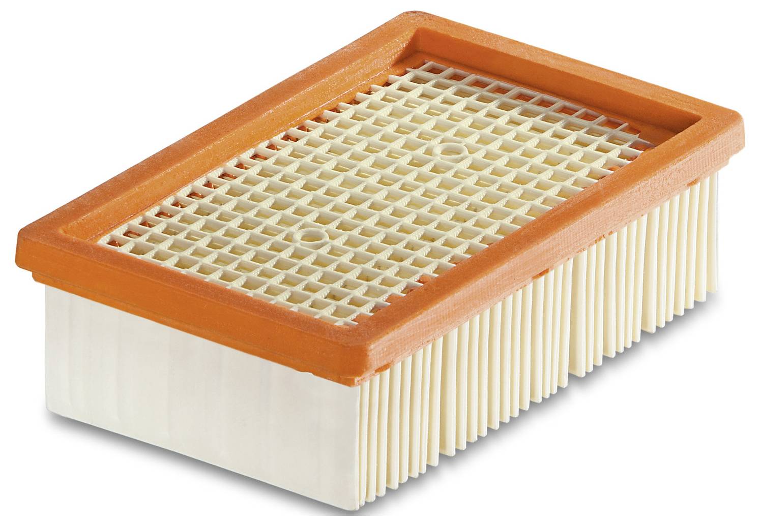 Rectangular air filter with orange frame and white pleated paper.