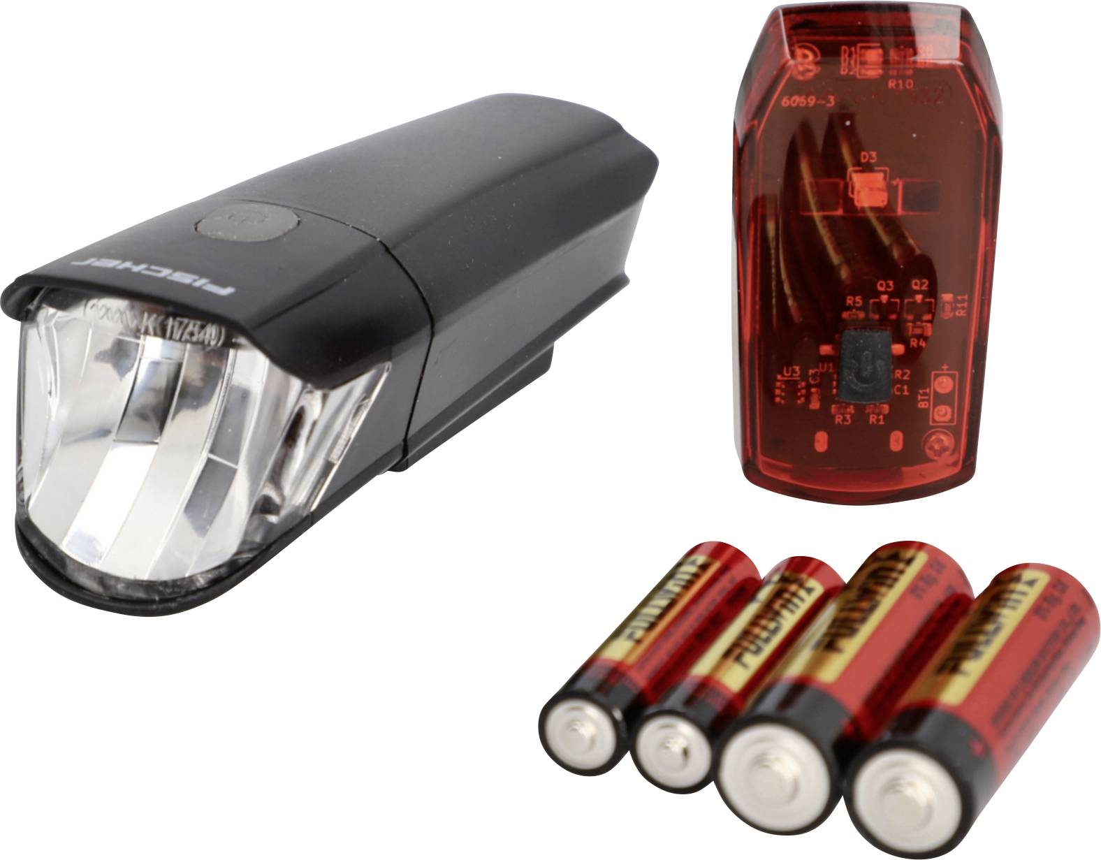 A black and red bicycle light set includes a front light, a rear red light, and four AA batteries, indicating they are battery-operated.
