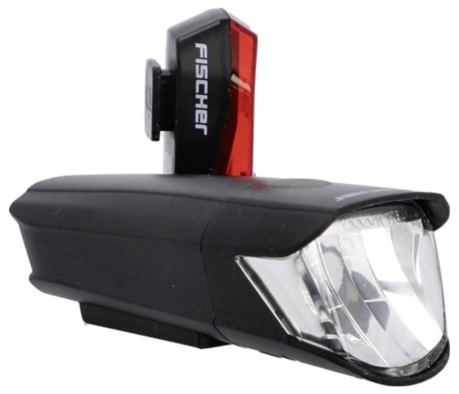 'Fischer' branded bicycle headlight and rear light set, featuring a forward-facing white light and a rear-facing red light for visibility.