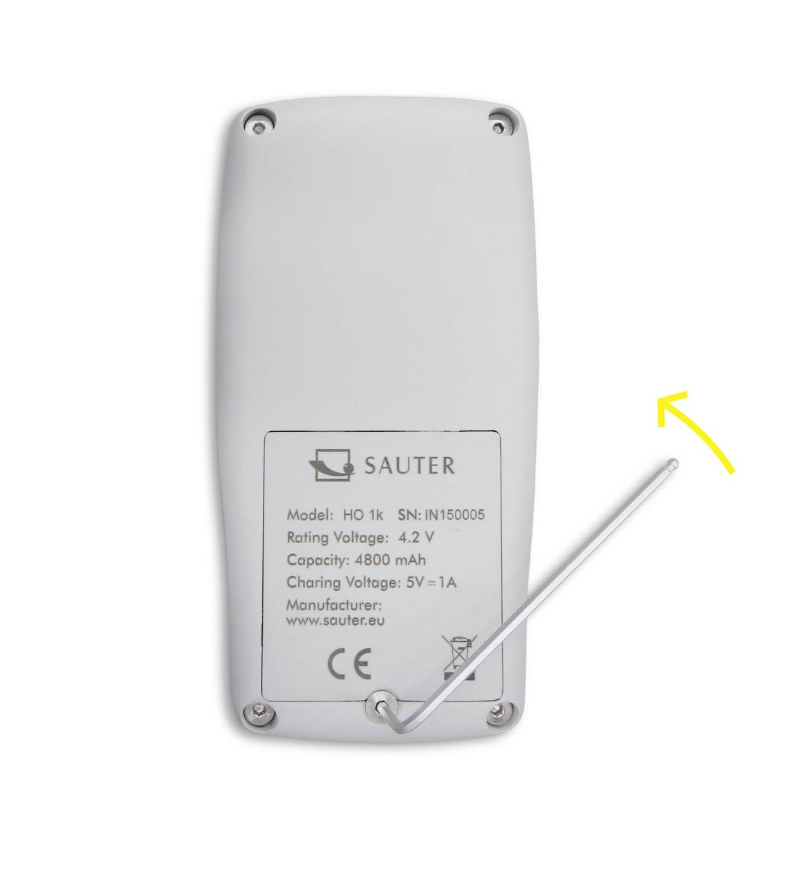 Back of an electronic device with details of the model (HO 1K), serial number, voltage, capacity, charging characteristics, and manufacturer.