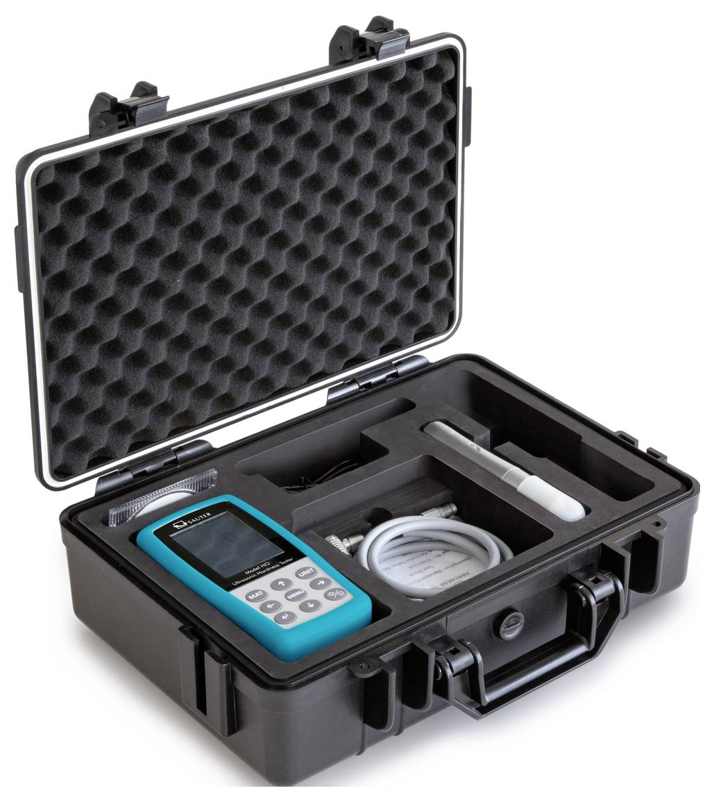 An opened black case with foam lining contains a blue electronic device, cables, and measurement instrument accessories.