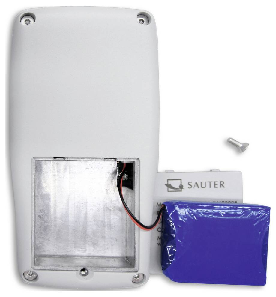 Back of an opened device with a removed battery and a loose screw, 'Sauter' brand on the battery.