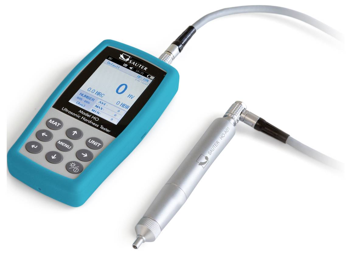 Ultrasonic hardness testing device with digital display and sensor, displays measurement values in HRC, suitable for industrial applications.