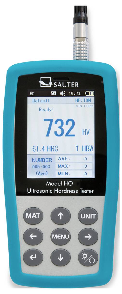 'Ultrasonic Hardness Tester Model HO', main display showing hardness value of 732 HV, with details of measurements and settings underneath, blue casing.