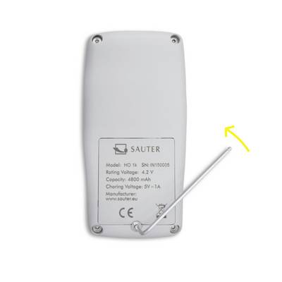 Back of a device with model number 'HO 1K', serial number 'IN150005'. Technical details and power supply are marked.