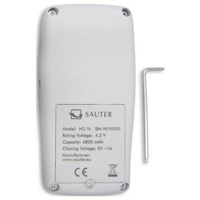 Back of device. Text: 'Model: HO 1k SN: IN150005, Rating Voltage: 4.2V, Capacity: 4800mAh, Charging Voltage: 5V=1A'. Manufacturer: SAUTER.