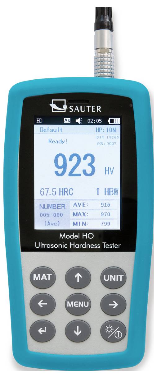 Ultrasonic hardness tester with blue casing, displaying hardness value '923 HV' on the screen, with a keypad for operation underneath.