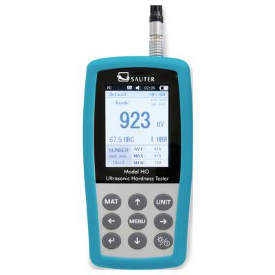 Ultrasonic hardness tester with blue casing, displaying hardness value '923 HV' on the screen, with a keypad for operation underneath.